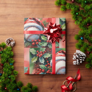 Honkbal Kerstthema met Santa-hoed Cadeaupapier