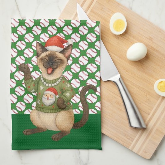 Honkbal Kerstthema voor kattenliefhebbers Theedoek (Quarter Fold)