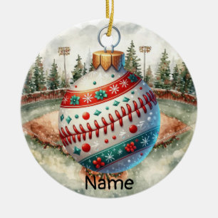 Honkbal Kerstthema voor kinderen met naam Keramisch Ornament
