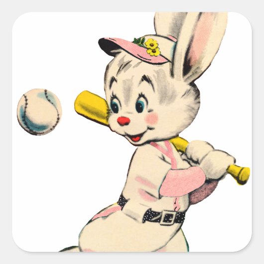 Honkbal konijn in roze vierkante sticker (Voorkant)