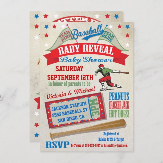 Honkbal koppels Baby onthullen douche uitnodiginge Kaart (Voorkant / Achterkant)