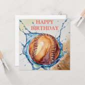 Honkbal liefhebbers Waterverf Splash Verjaardag Kaart (Voorkant / Achterkant in situ)