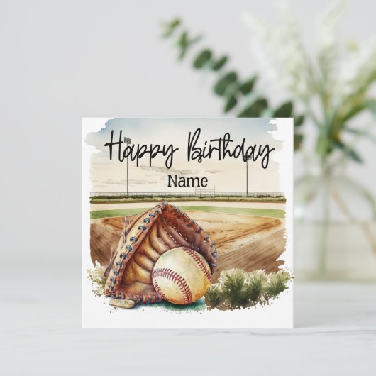 Honkbal met bal en veld Verjaardag Kaart (Staand voorkant)