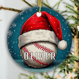 Honkbal met Santa Hat Sneeuwvlokken Keramisch Ornament