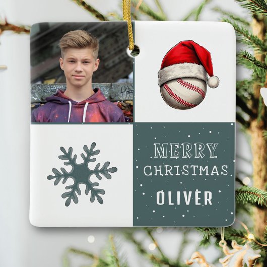 Honkbal met Santa Hat Snowflake Foto Keramisch Ornament