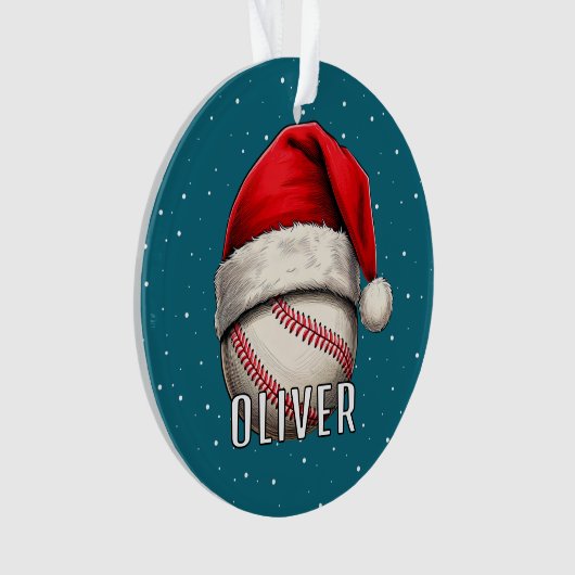 Honkbal met Santa Hat Snowflakes Naam Ornament (voorkant)