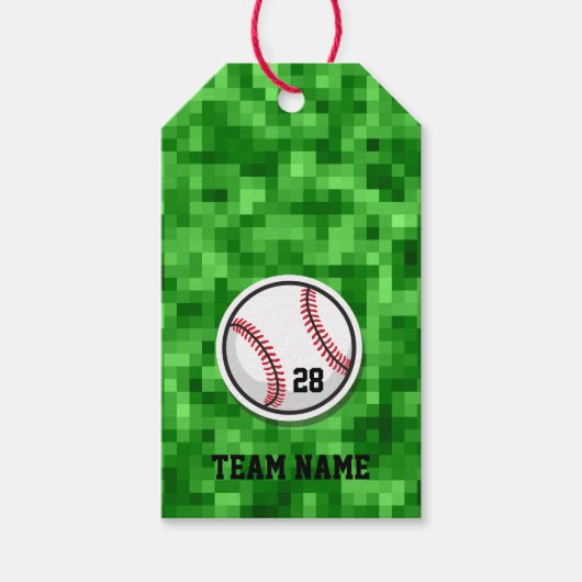 Honkbal NUMMER Team NAAM Pixilated Green Grass Cadeaulabel (Voorkant)