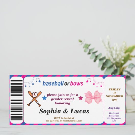 honkbal of bogen onthullen geslacht Ticket Kaart (Staand voorkant)