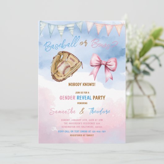 Honkbal of Bows Hij of Zij Gender Reveal Party Kaart (Staand voorkant)