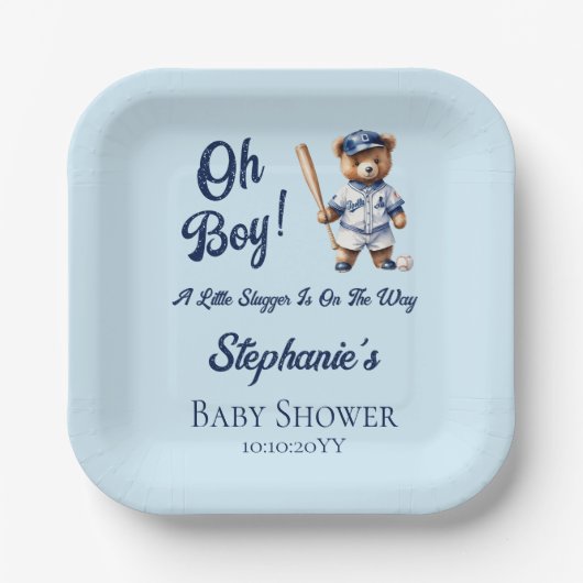 Honkbal Oh Boy Baby shower Schattige Beer Papieren Bordje (Voorkant)