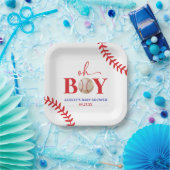 Honkbal Oh Boy Brown Wit Baby shower Papieren Bordje (Feest)