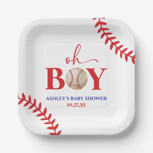 Honkbal Oh Boy Brown Wit Baby shower Papieren Bordje (Voorkant)