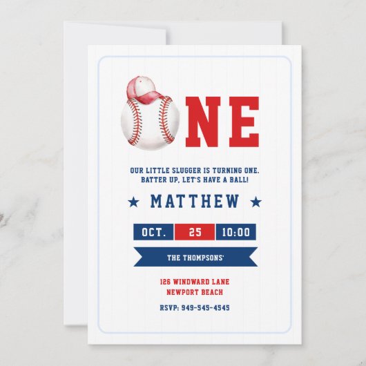 Honkbal Pet Blauw Rood Schattig Jongen 1e Verjaard Kaart (Voorkant)