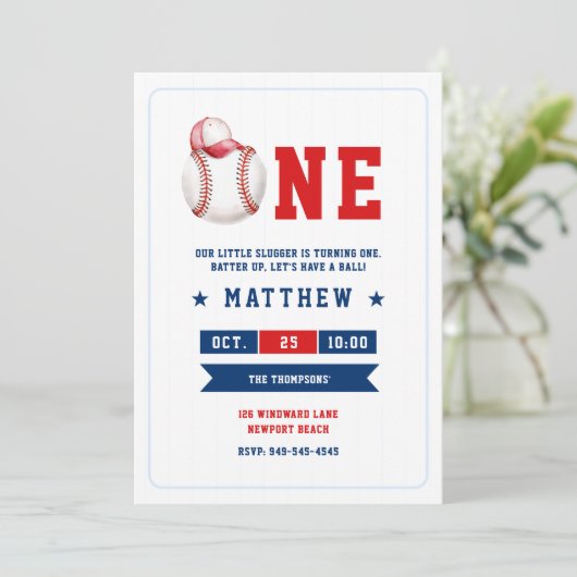 Honkbal Pet Blauw Rood Schattig Jongen 1e Verjaard Kaart (Staand voorkant)