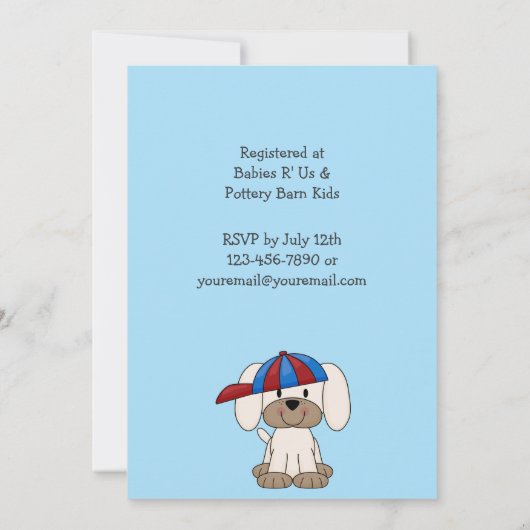 Honkbal Puppy Baby Boy Douche Uitnodiging (Achterkant)