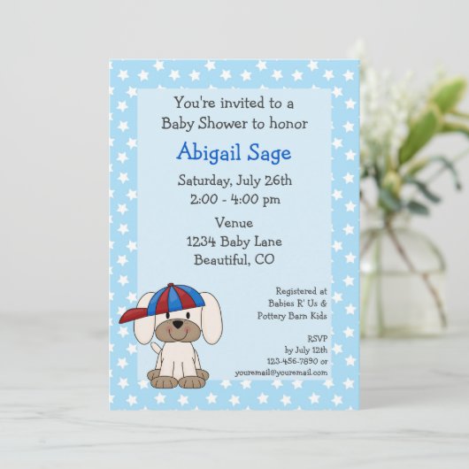 Honkbal Puppy Baby Boy Douche Uitnodiging (Staand voorkant)