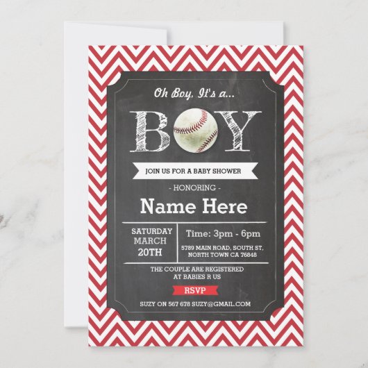 Honkbal Red Boy Baby shower Chevron Uitnodigen Kaart (Voorkant)
