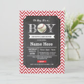 Honkbal Red Boy Baby shower Chevron Uitnodigen Kaart (Staand voorkant)