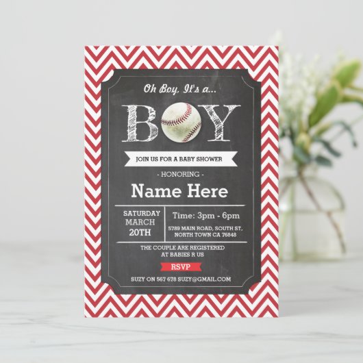 Honkbal Red Boy Baby shower Chevron Uitnodigen Kaart (Staand voorkant)