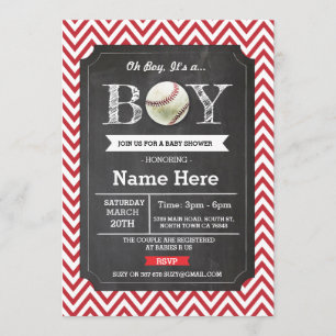 Honkbal Red Boy Baby shower Chevron Uitnodigen Kaart