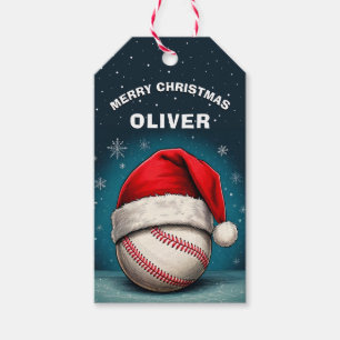 Honkbal Rode Kerstman Hoed Naam Kerstmis Cadeaulabel