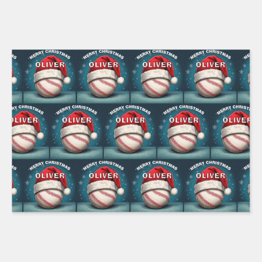 Honkbal Rode Kerstman Hoed Naam Kerstmis Inpakpapier Vel (Voorkant)