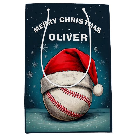 Honkbal Rode Kerstman Hoed Naam Kerstmis Medium Cadeauzakje (Voorkant)