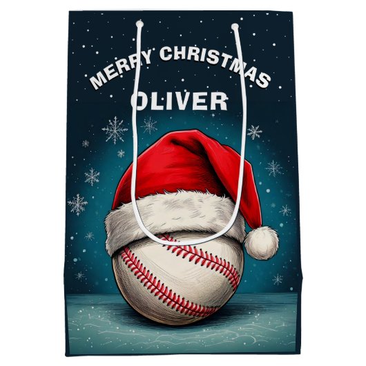 Honkbal Rode Kerstman Hoed Naam Kerstmis Medium Cadeauzakje (Achterkant)