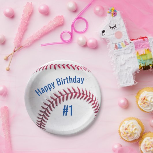 Honkbal Rood Wit en Blauw met Naam en Leeftijd Papieren Bordje (Feest)