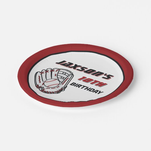 Honkbal rood zwart verjaardagsfeestje elke leeftij papieren bordje (Gekanteld)