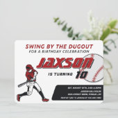 Honkbal rood zwart verjaardagsfeestje kaart (Staand voorkant)