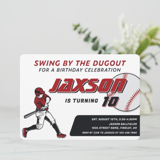 Honkbal rood zwart verjaardagsfeestje kaart (Staand voorkant)