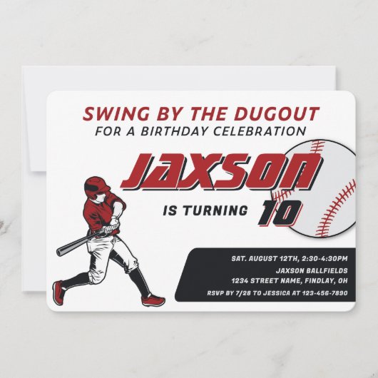 Honkbal rood zwart verjaardagsfeestje kaart (Voorkant)