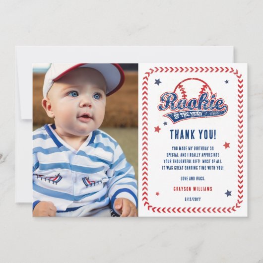 Honkbal Rookie 1e Verjaardag Party Foto Bedankkaart (Voorkant)