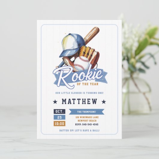 Honkbal Rookie Ball Bat Pet Blue Boy 1st Verjaarda Kaart (Staand voorkant)