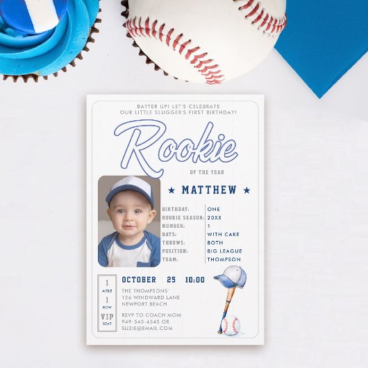 Honkbal Rookie Stats Blue Photo Boy 1st Verjaardag Kaart