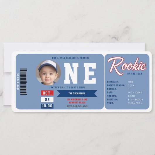 Honkbal Rookie Stats Blue Ticket Boy 1st Birthday Kaart (Voorkant)