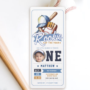 Honkbal Rookie Ticket Foto Blue Boy 1st Birthday Kaart