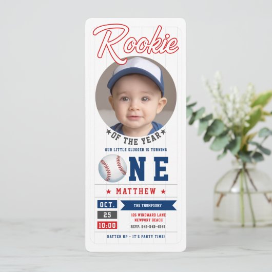 Honkbal Rookie Ticket Fun Photo Boy 1e verjaardag Kaart (Staand voorkant)