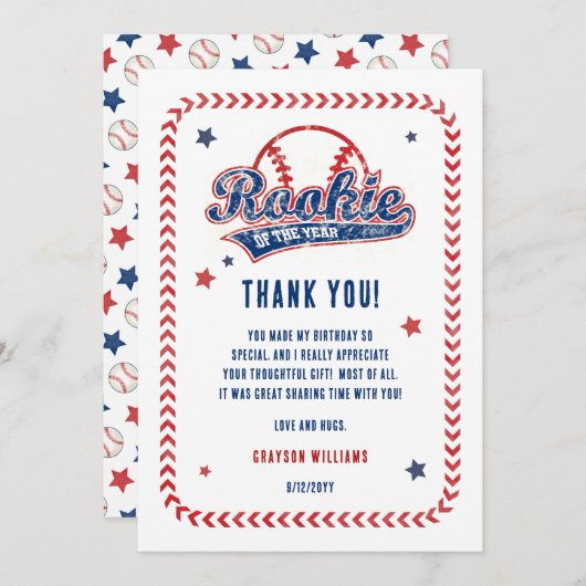Honkbal Rookie van het Jaar 1e Verjaardagsfeest Bedankkaart (Voorkant / Achterkant)