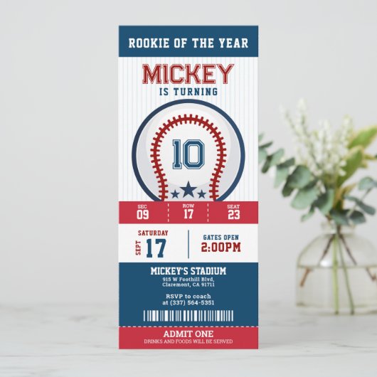 Honkbal Rookie van het Jaar Verjaardagsfeestticket Kaart (Staand voorkant)