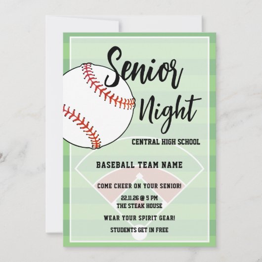 Honkbal Senior Night Middelbare School Feest Kaart (Voorkant)