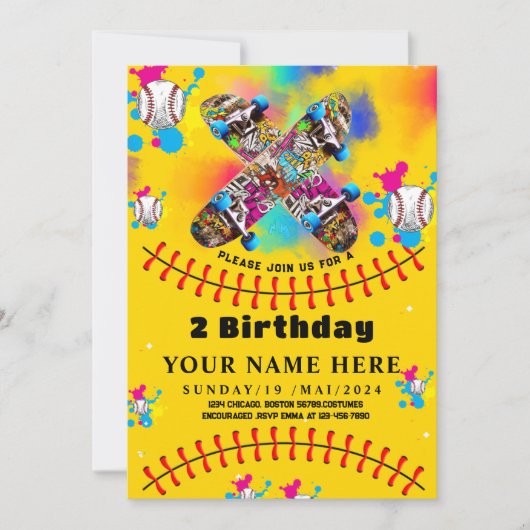 Honkbal skateboard graffiti kleurrijke partij geel kaart (Voorkant)