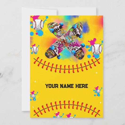 Honkbal skateboard graffiti kleurrijke partij geel kaart (Achterkant)