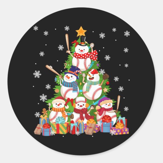 Honkbal Snowman Kerstboom werpers Catchers Ronde Sticker (Voorkant)