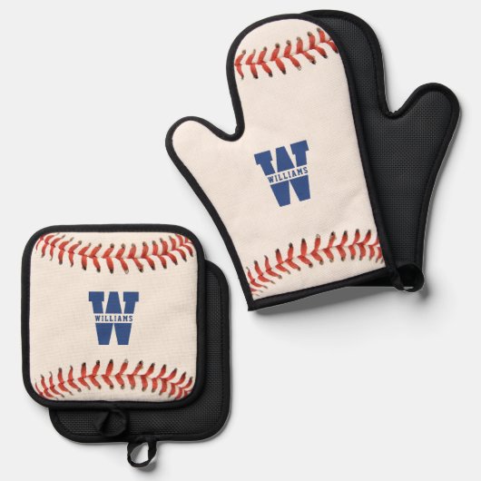 Honkbal Softbal Sport Monogram Ovenwant & Pannenlap Set (Voorkant / Achterkant)