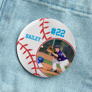 Honkbal Speld Naam Rugnummer Foto Hemelblauw Ronde Button 5,7 Cm