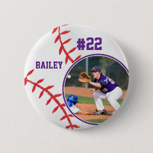 Honkbal Speld Naam Rugnummer Paars Foto Ronde Button 5,7 Cm