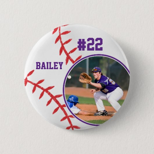 Honkbal Speld Naam Rugnummer Paars Foto Ronde Button 5,7 Cm (Voorkant)