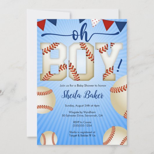Honkbal Sport Baby shower Uitnodiging - Oh Boy (Voorkant)